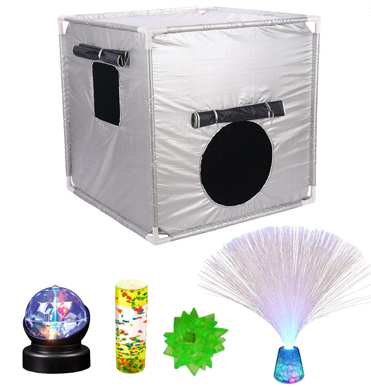 Dark Den Pop Up Play Tent 1mtr x 1mtr with 4 Light Up Toys - SENsory Toys4U