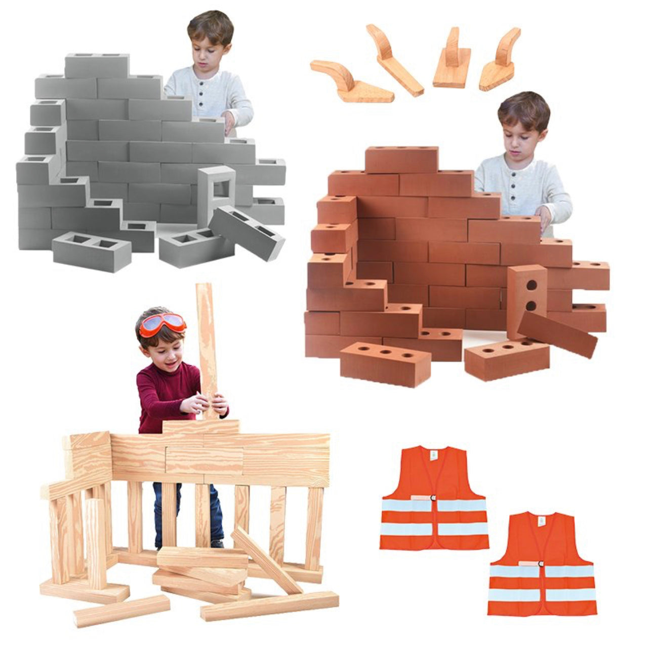 Rubber Building Set Foam Bricks, Breeze Blocks & Beams, 4 Wooden Tools – 73pcs Bundle - SENsory Toys4U